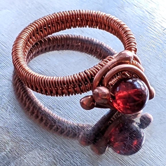 Handmade Garnet Ring Copper Wrapped Gemstone Unique Artistic Designer Jewelry - Picture 3 of 16
